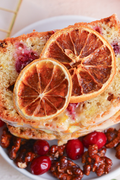 overhead shot of stack of cranberry bread slices