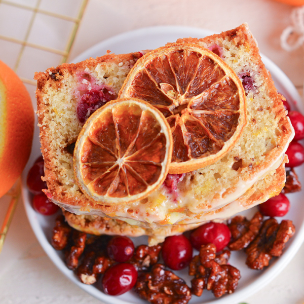 overhead shot of stack of cranberry bread slices