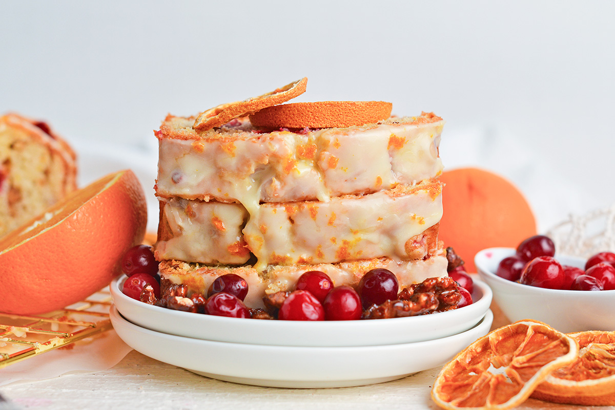 straight on shot of slices of orange cranberry bread