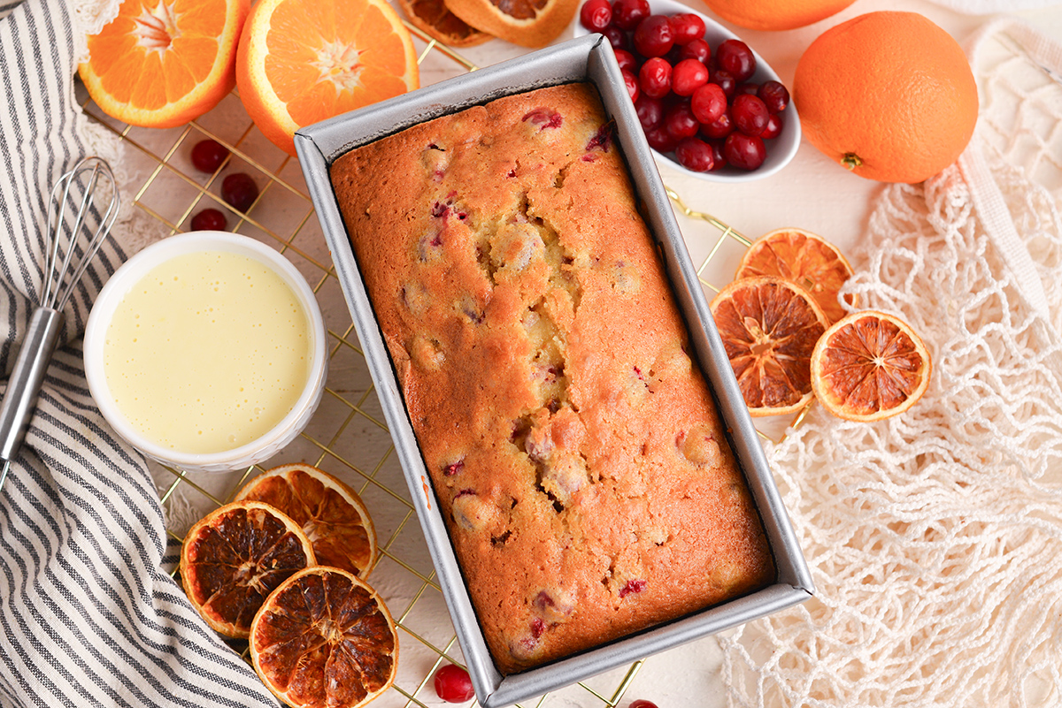 overhead shot of cranberry walnut bread in pan