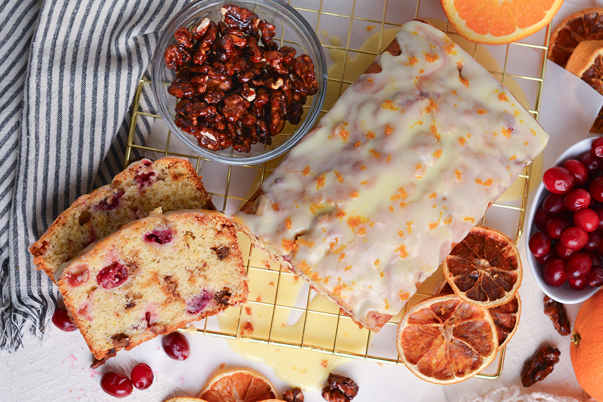 overhead shot of sliced cranberry walnut bread