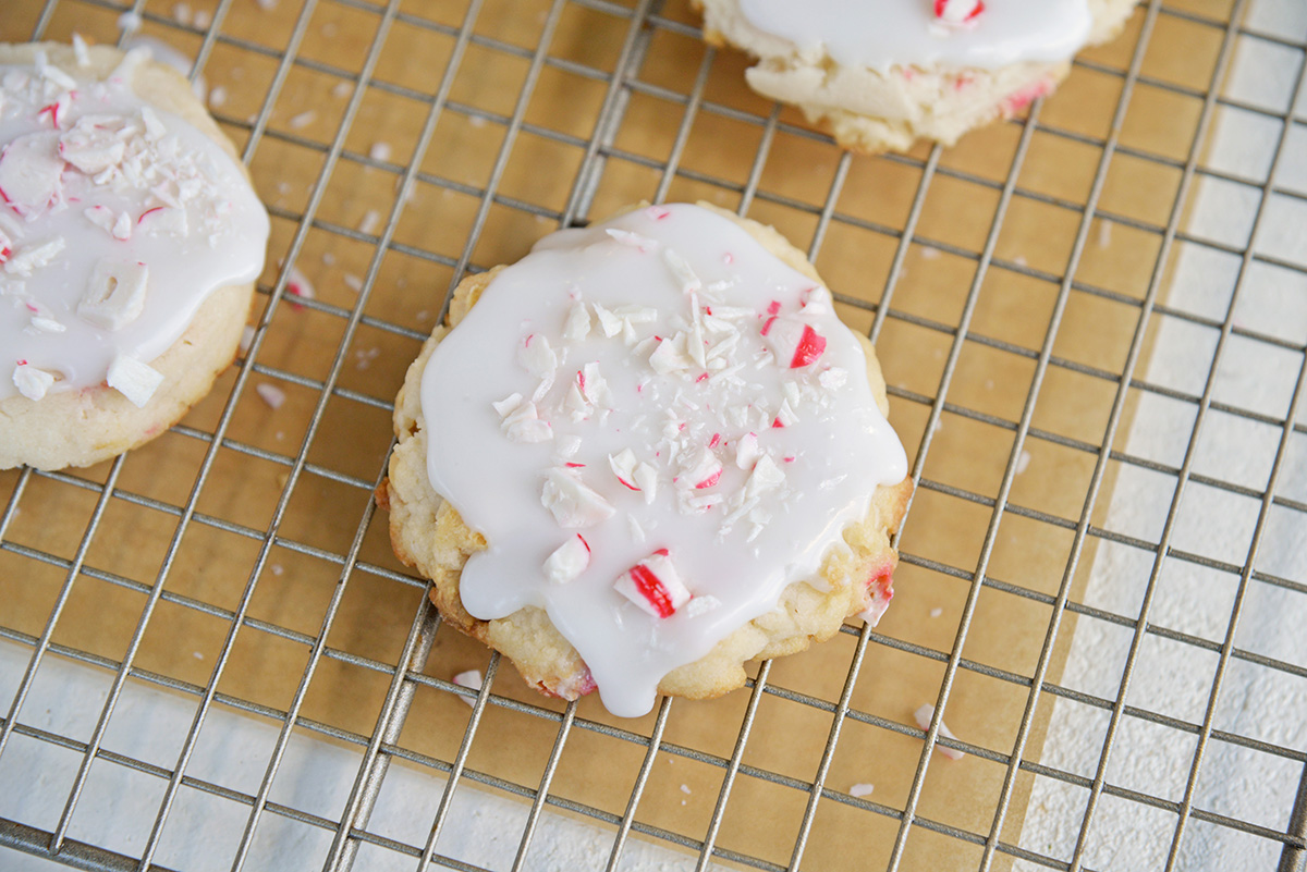 iced cookie with peppermint crumbles