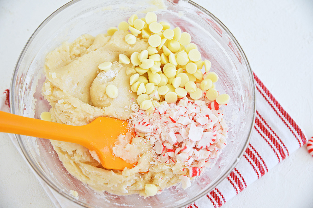 chocolate chips and peppermint added to cookie dough