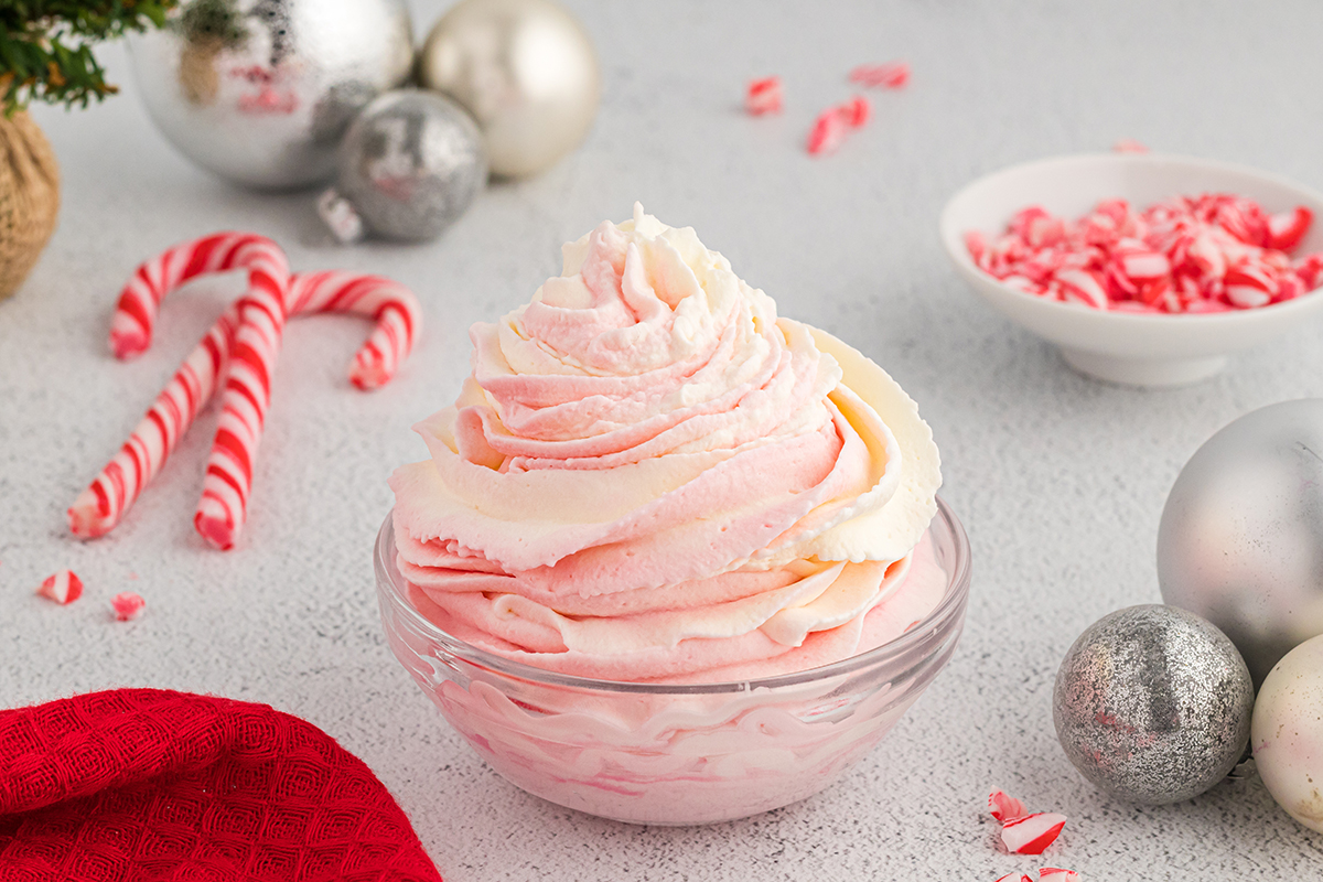 angled shot of bowl of peppermint whipped cream