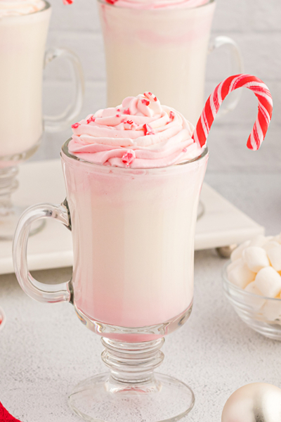 straight on shot of white hot chocolate topped with whipped cream with candy cane