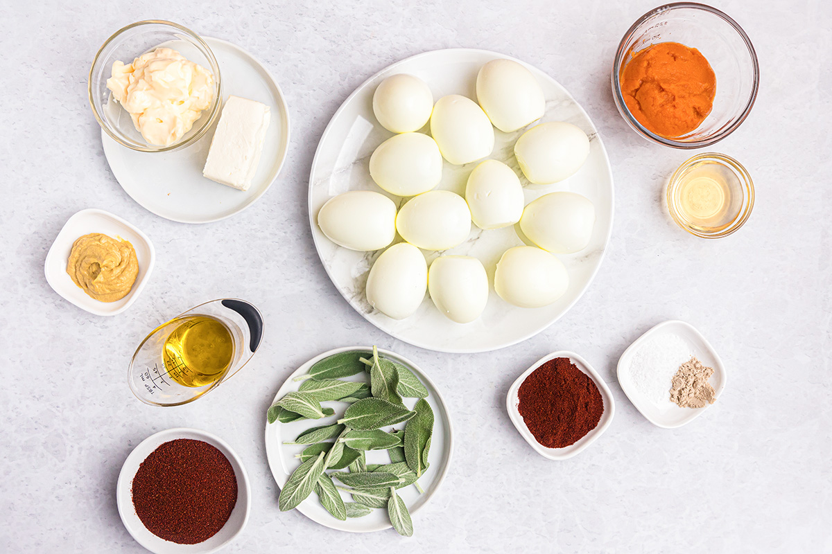 overhead shot of pumpkin deviled egg ingredients