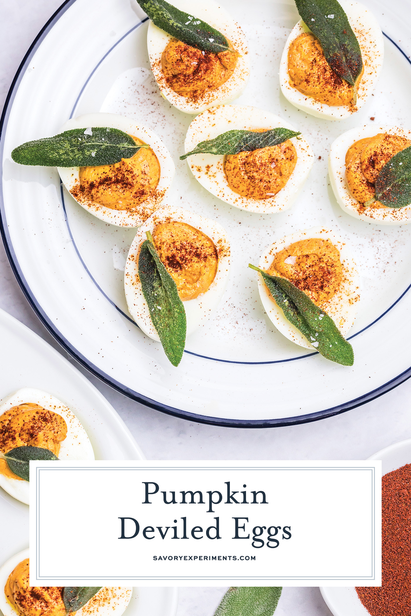 plate of pumpkin deviled eggs with text overlay