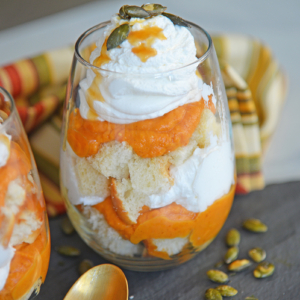 parfait of pumpkin pie in wine glass