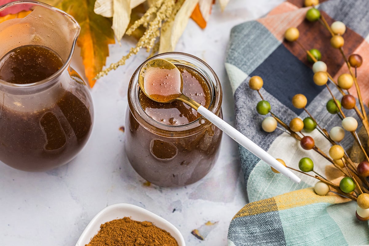 overhead shot of spoon on jar of syrup