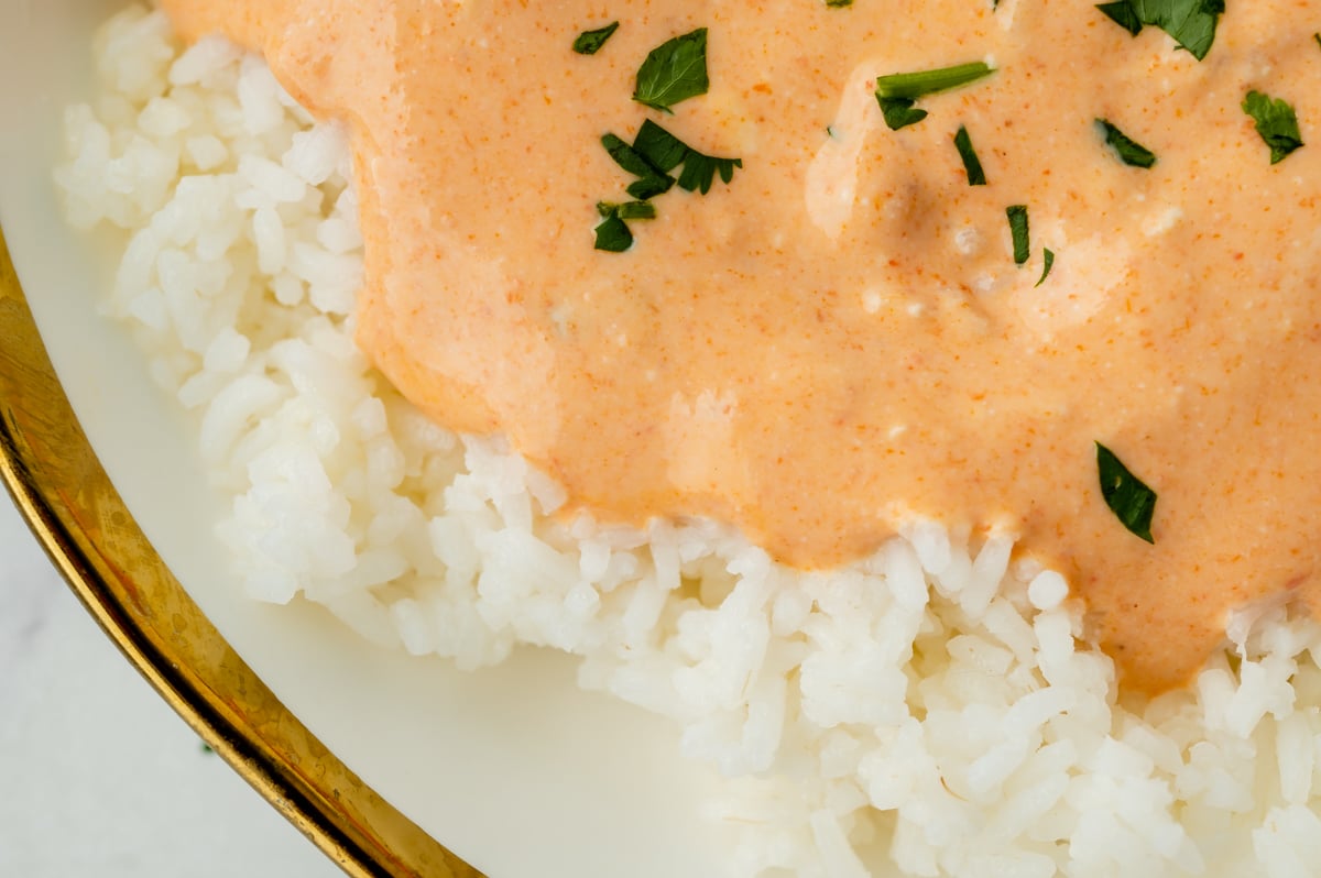 close up overhead shot of red curry sauce over rice