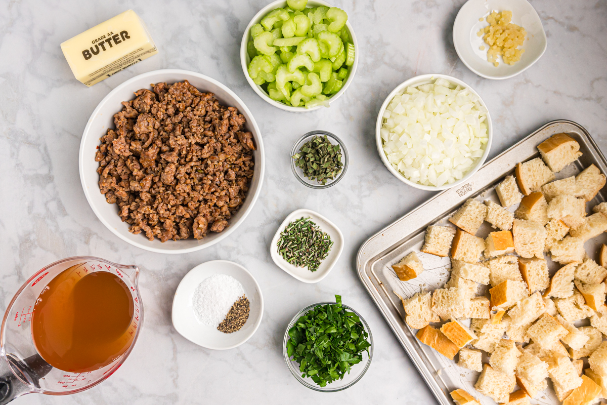 overhead shot of sausage stuffing ingredients