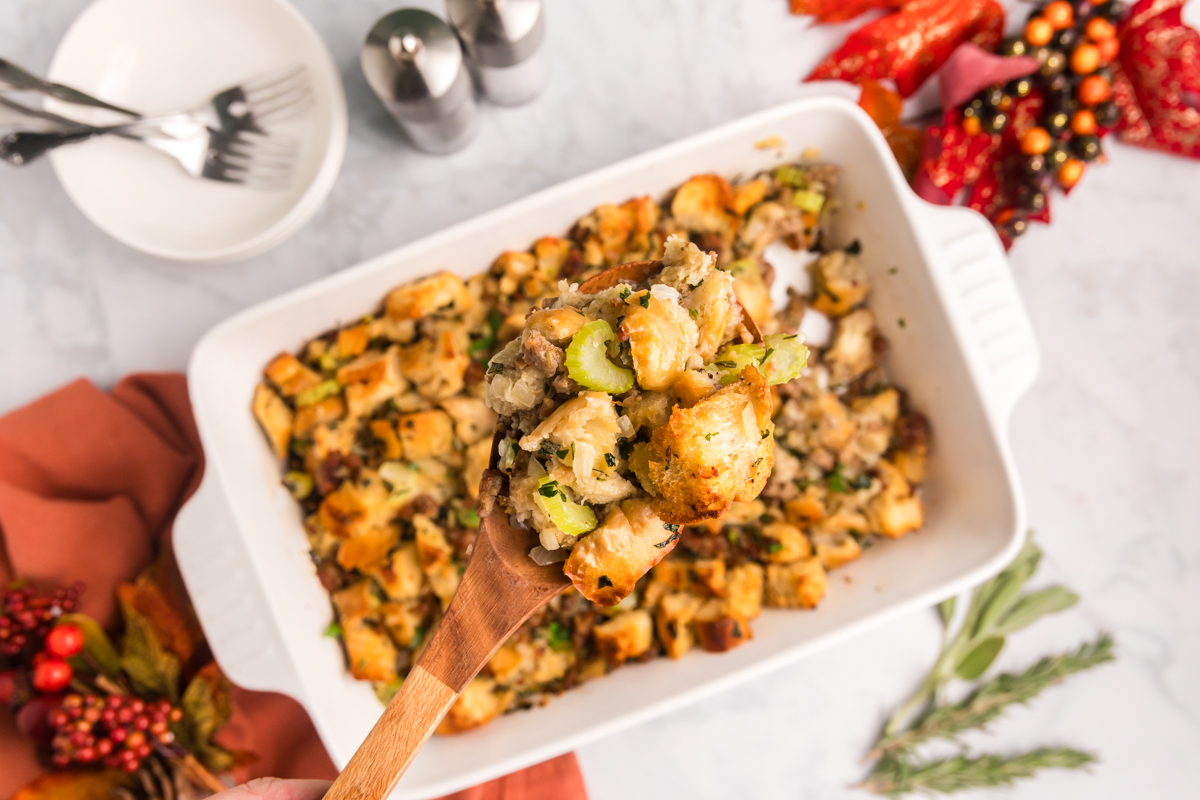 overhead shot of spoonful of sausage stuffing