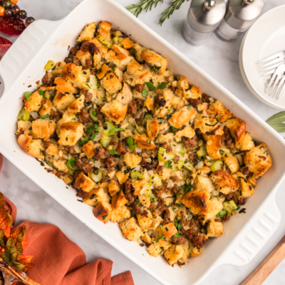 overhead shot of baked sausage stuffing