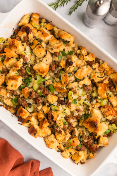 overhead shot of baked sausage stuffing