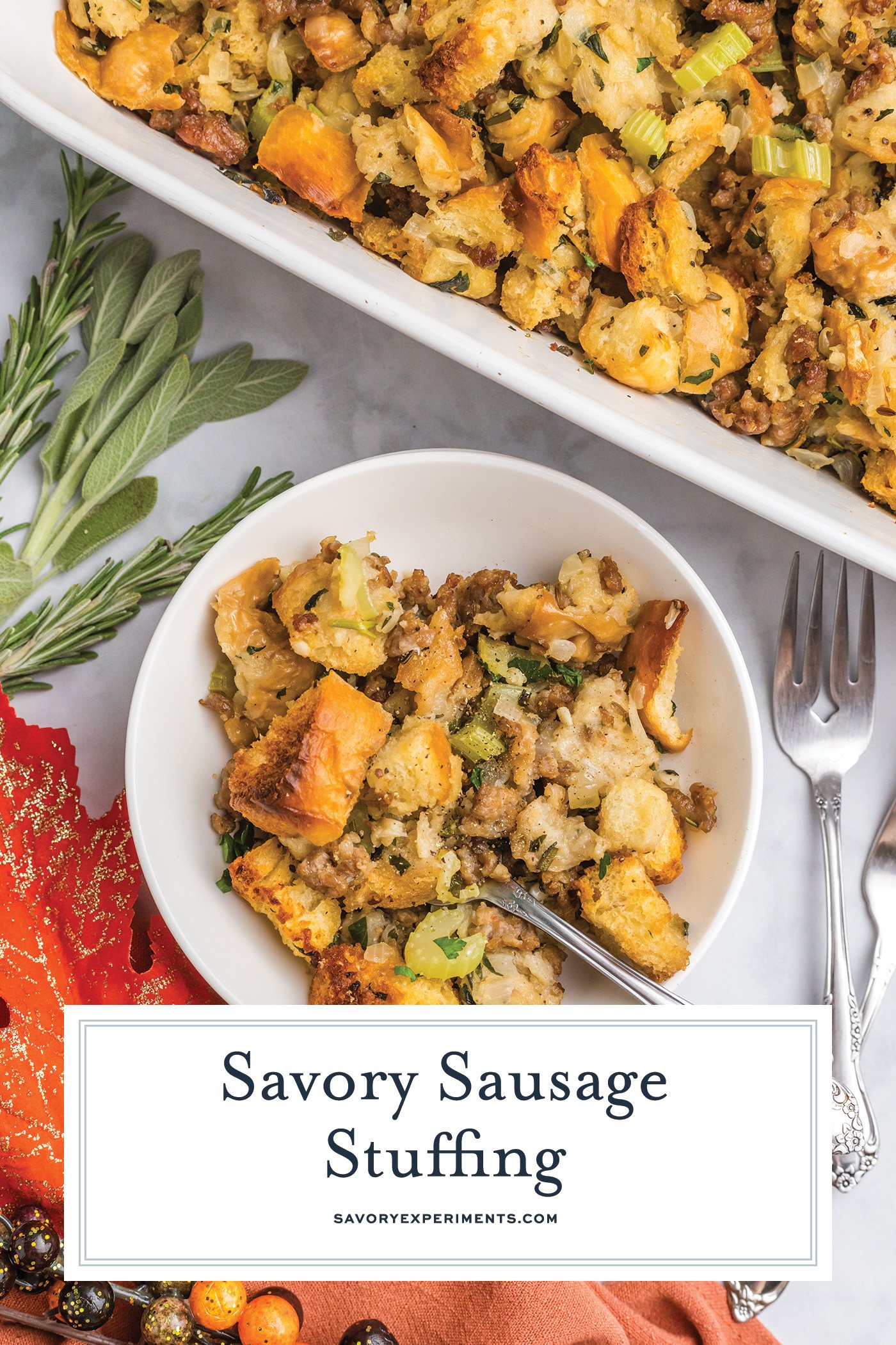 overhead shot of bowl of sausage stuffing with text overlay