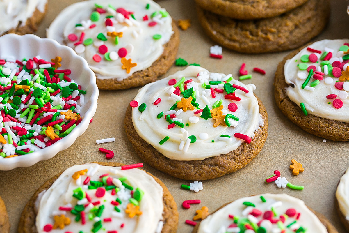 angled shot of soft gingerbread cookies on parchment paper