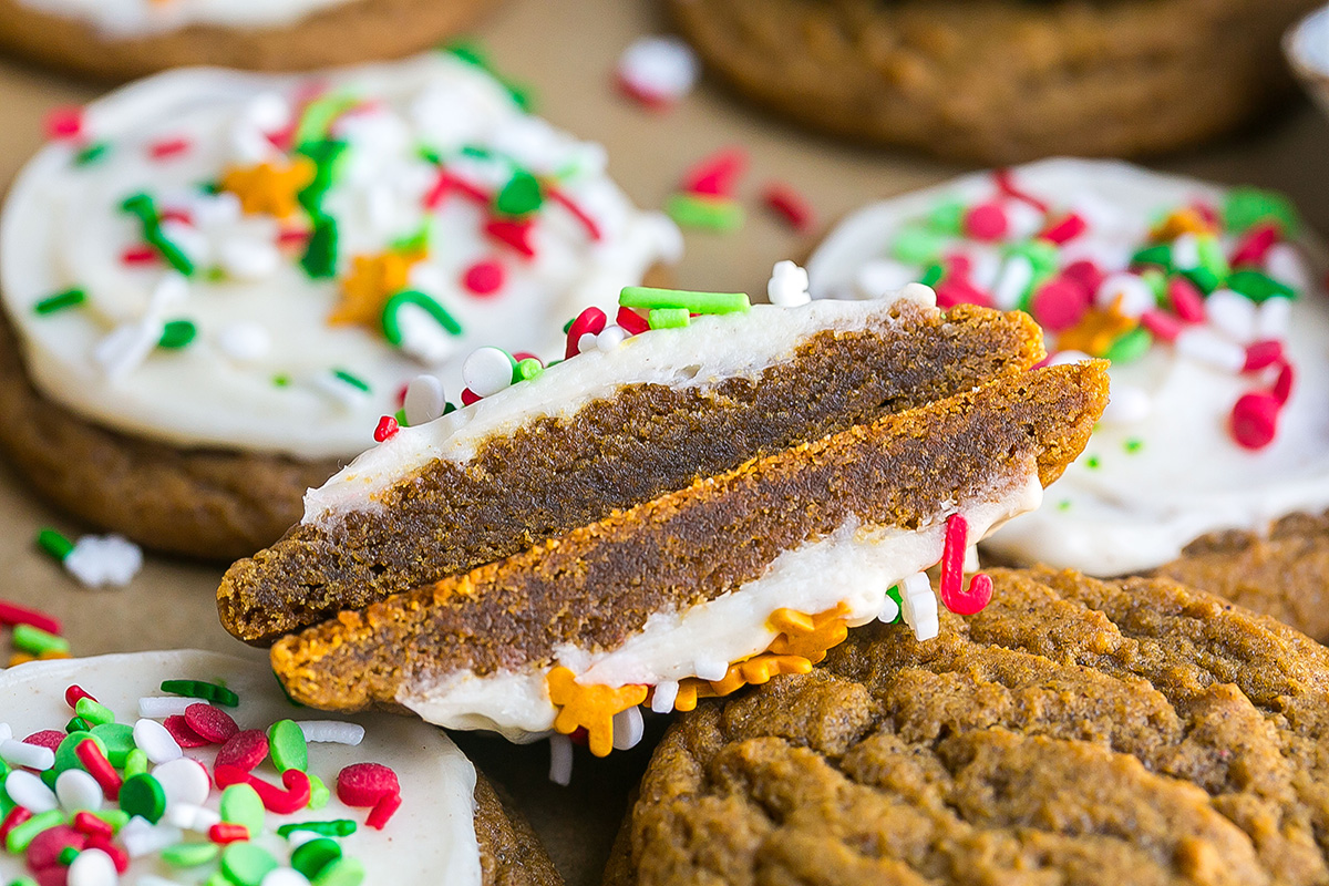 close up of gingerbread cookie cut in half