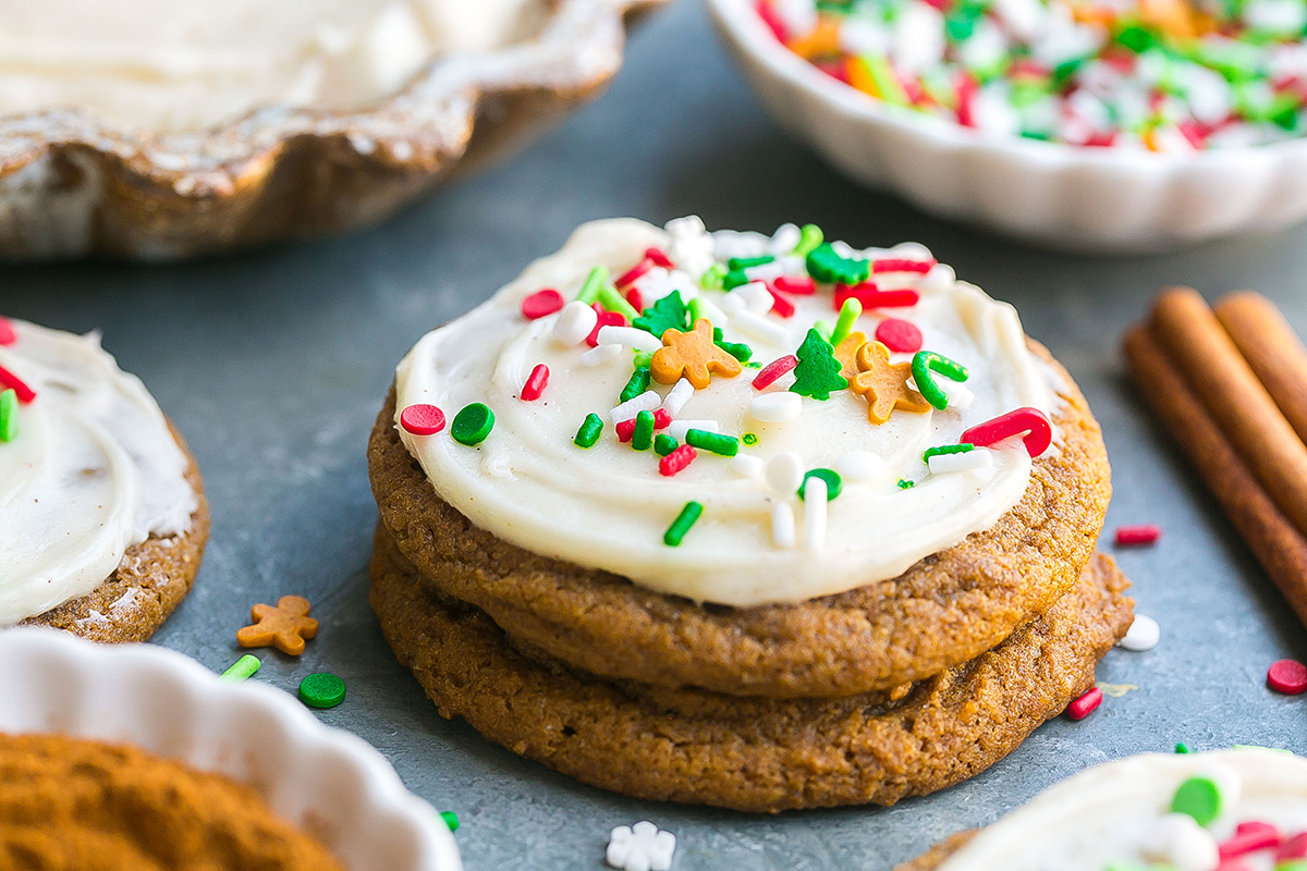 close up shot of stack of two soft gingerbread cookies