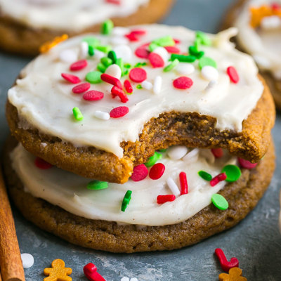 close up shot of bite taken out of stack of soft gingerbread cookie