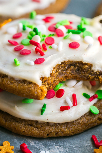 close up shot of bite taken out of stack of soft gingerbread cookie