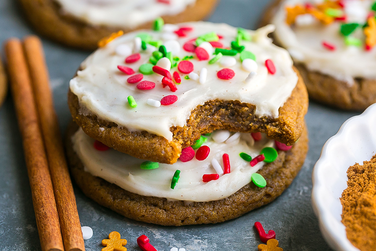 close up shot of bite taken out of stack of soft gingerbread cookie