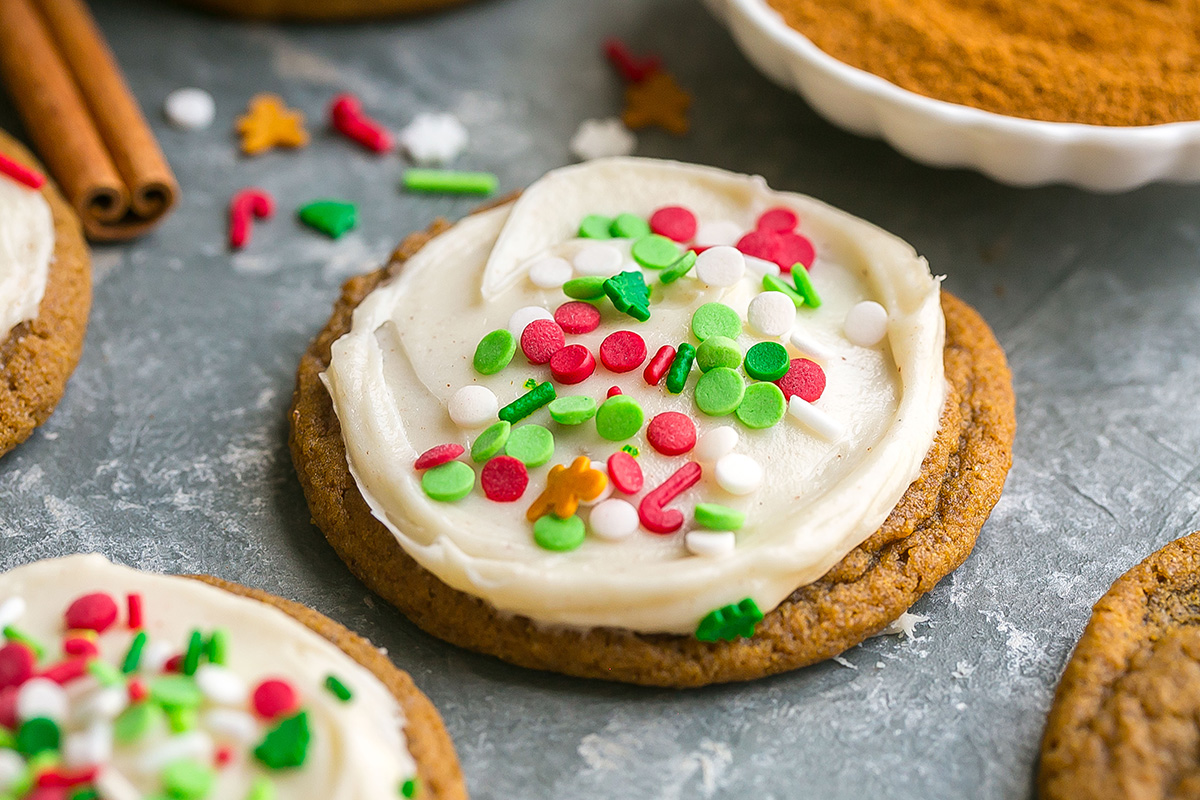 close up angled shot of frosted gingerbread cookie