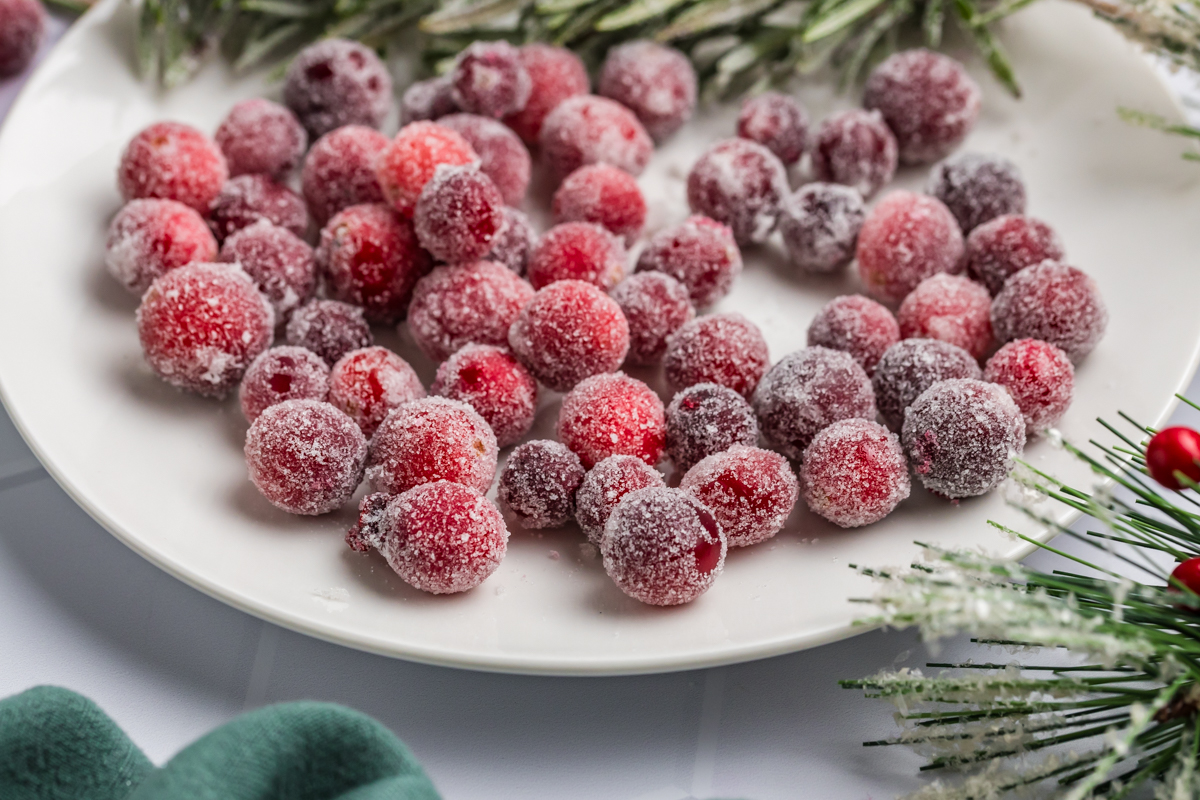 close up angled shot of plate of sugared cranberries