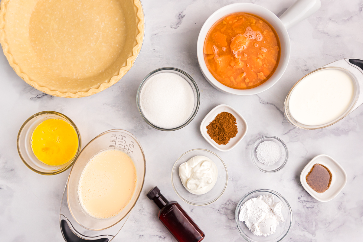 overhead shot of sweet potato pie ingredients