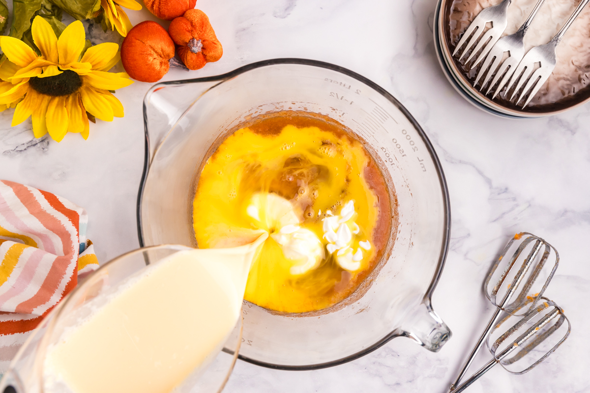 pie filling ingredients poured into measuring cup