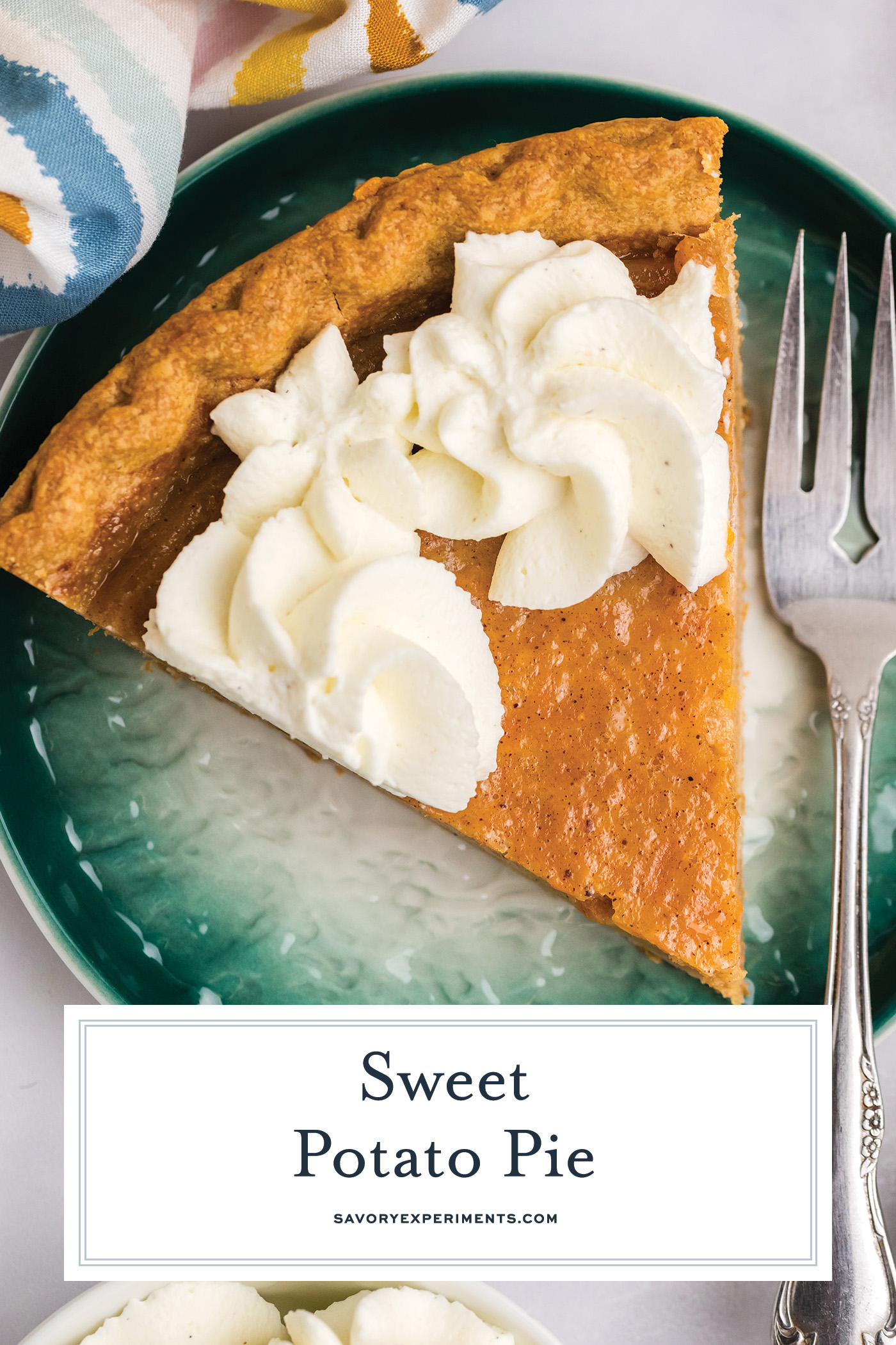 overhead shot of slice of sweet potato pie with text overlay