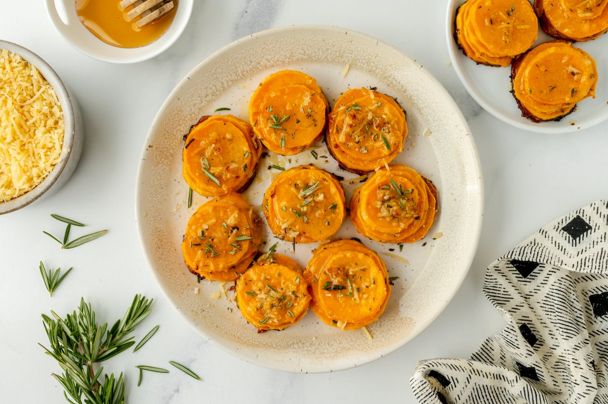 overhead shot of plate of sweet potato stacks