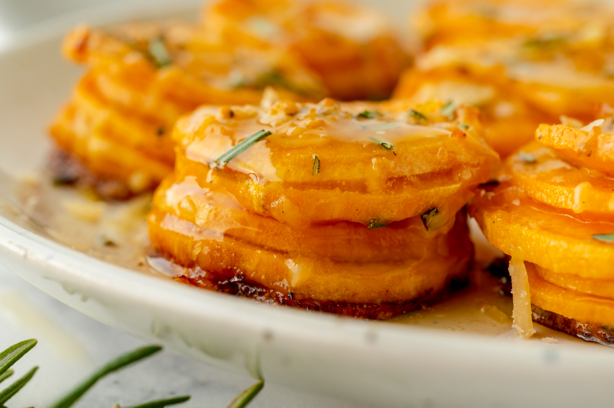 straight on shot of sweet potato stacks on plate