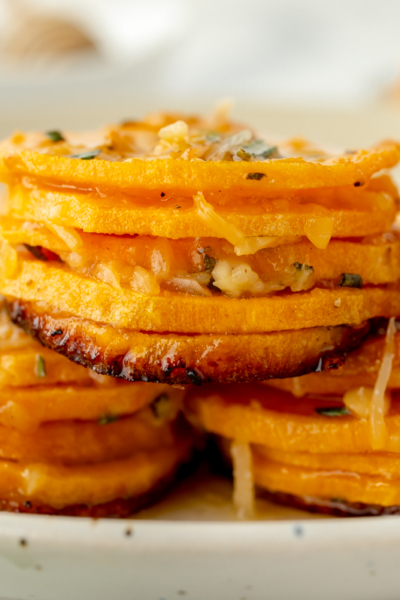 straight on shot of pile of sliced sweet potatoes