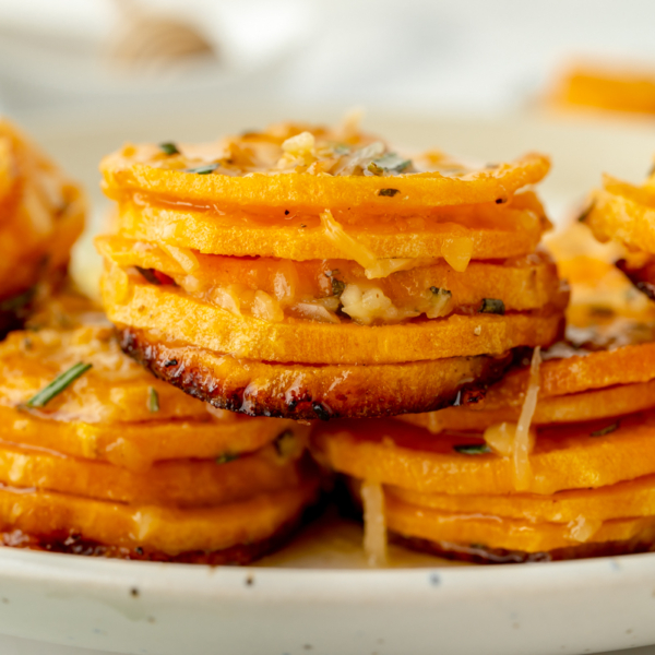 straight on shot of pile of sliced sweet potatoes