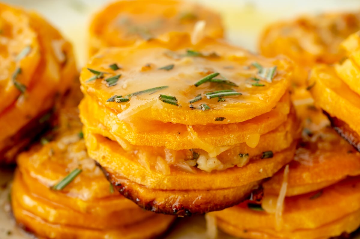 angled shot of pile of sliced sweet potatoes