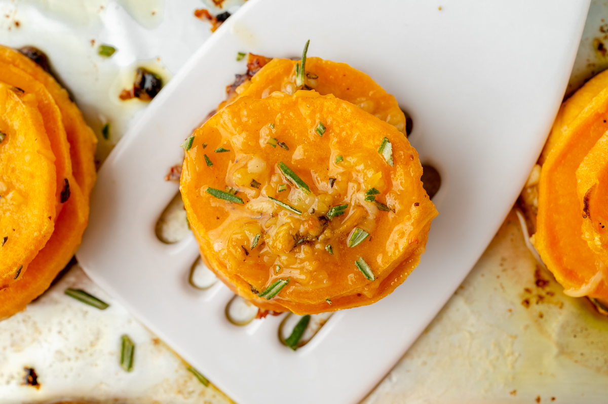 overhead shot of sweet potato stack on spatula