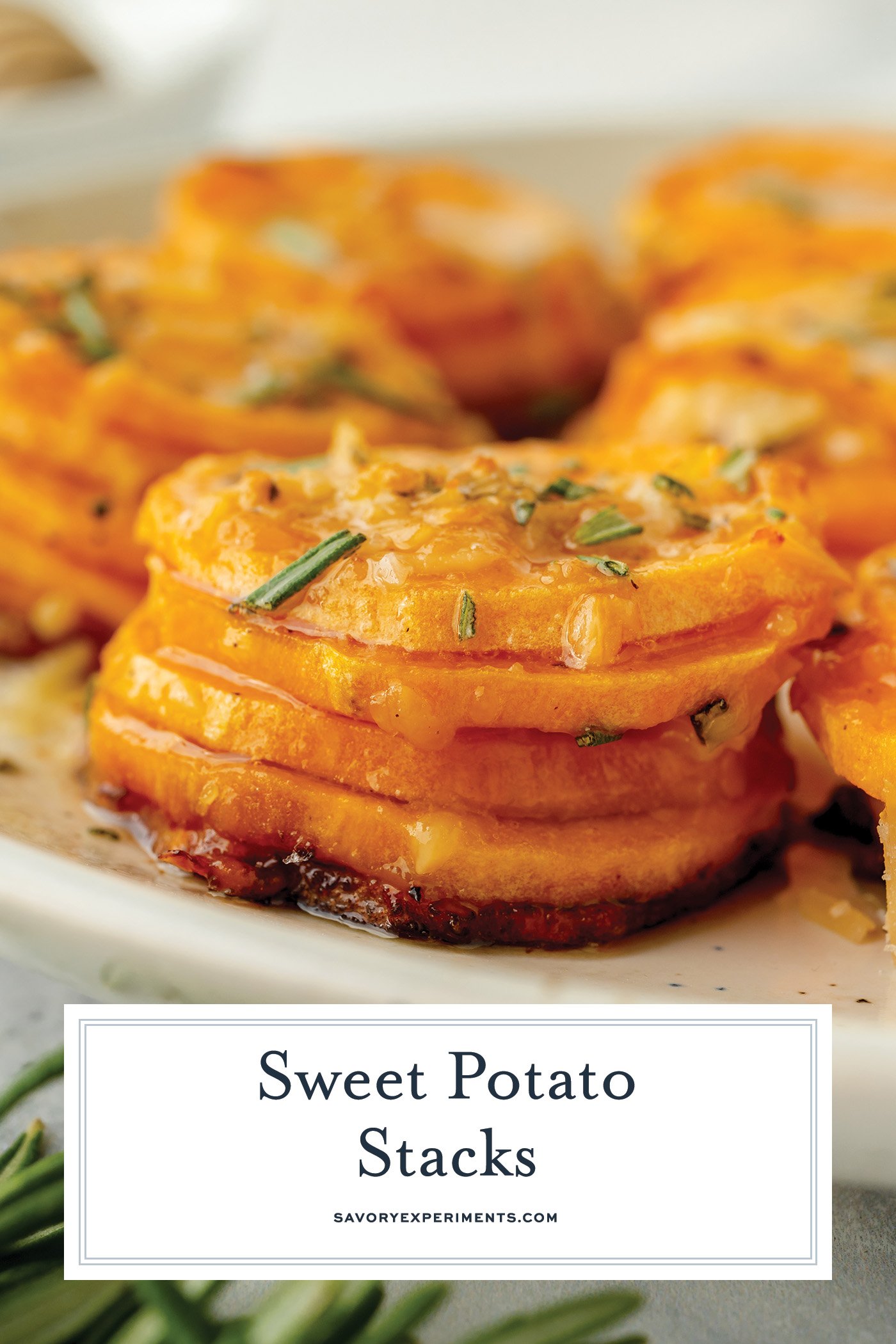 straight on shot of sweet potato stack on plate with text overlay