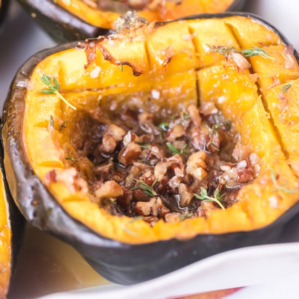 close up angled shot of baked acorn squash