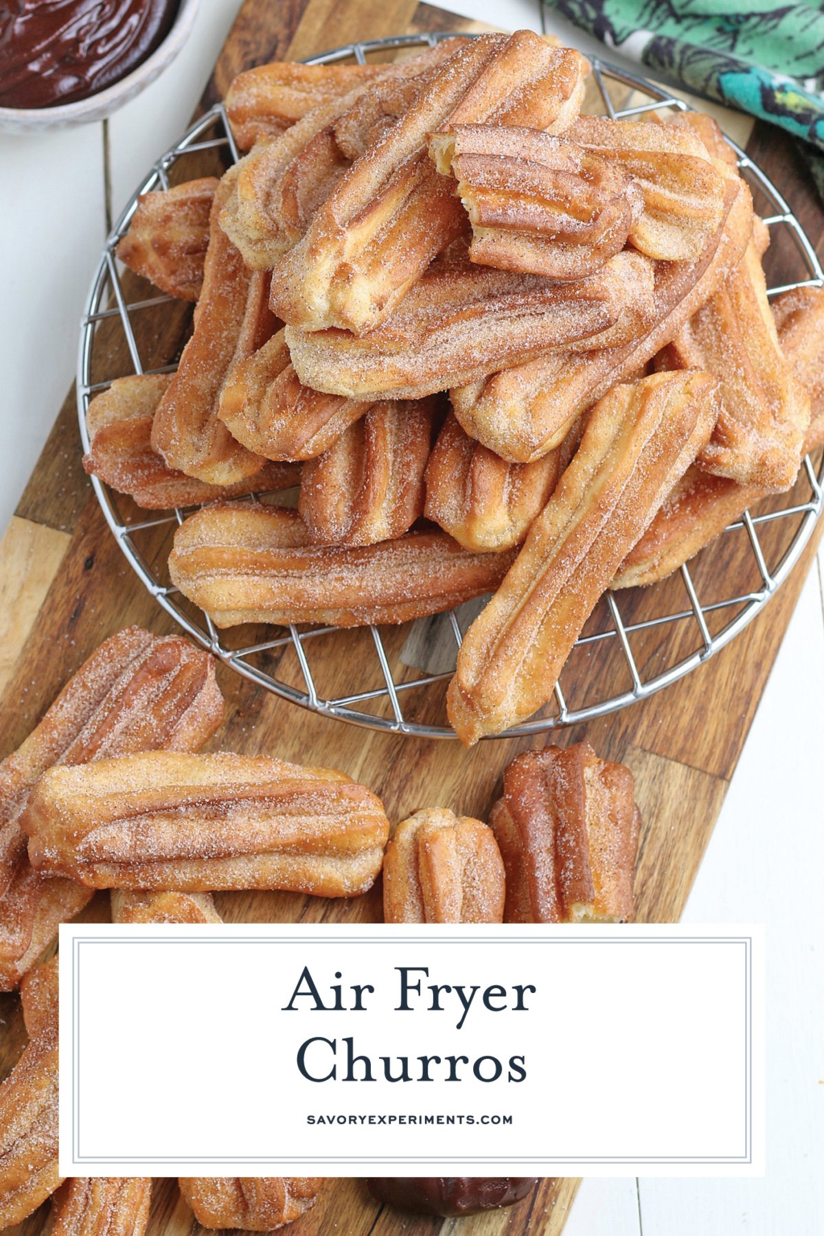 overhead of air fryer churros for pinterest