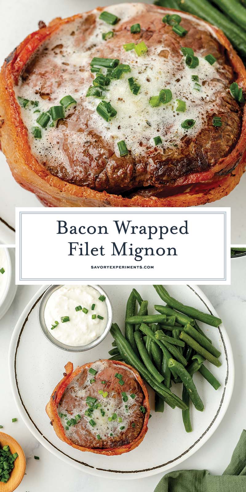 collage of bacon wrapped filet mignon