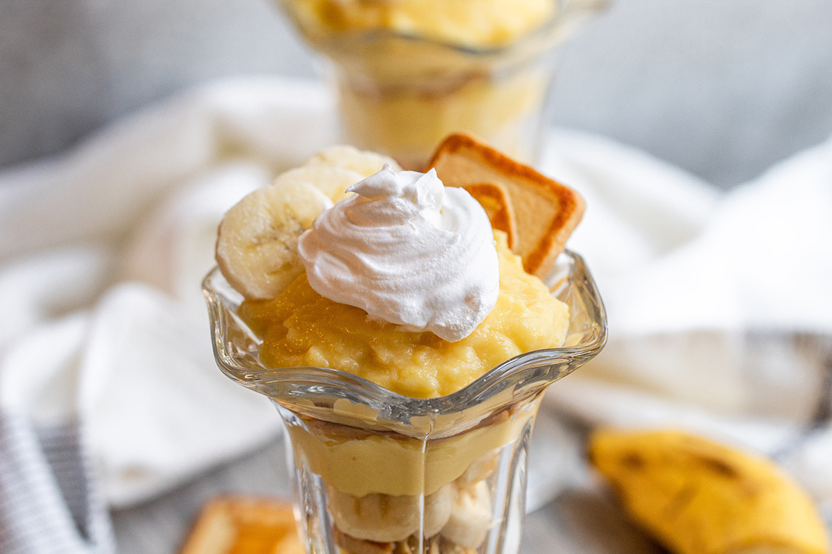 close up angled shot of banana pudding cups