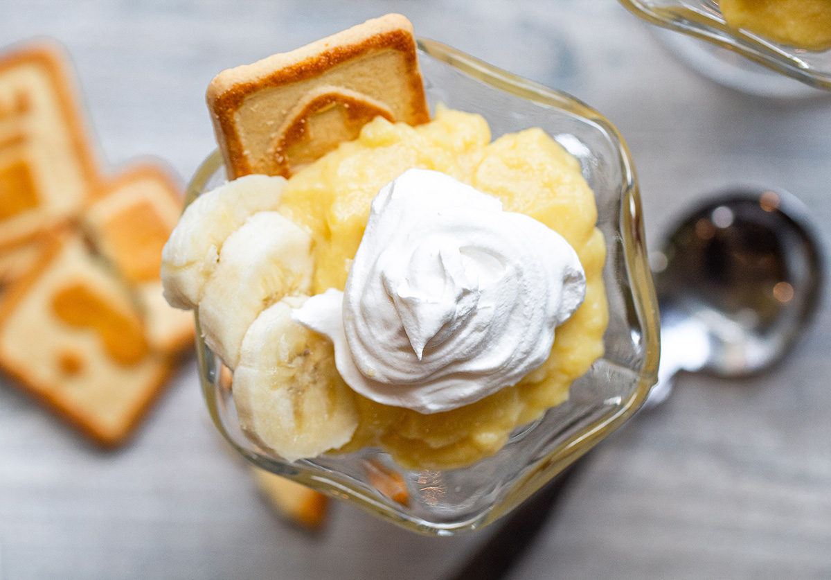 overhead shot of banana pudding cup