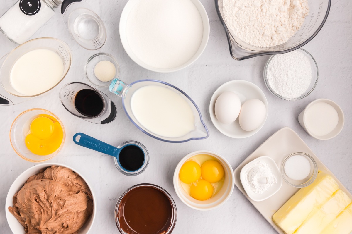 overhead shot of brown butter cake ingredients