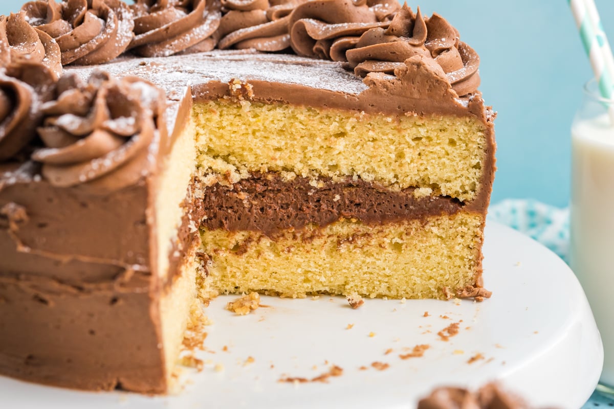 close up of slice taken out of brown butter cake