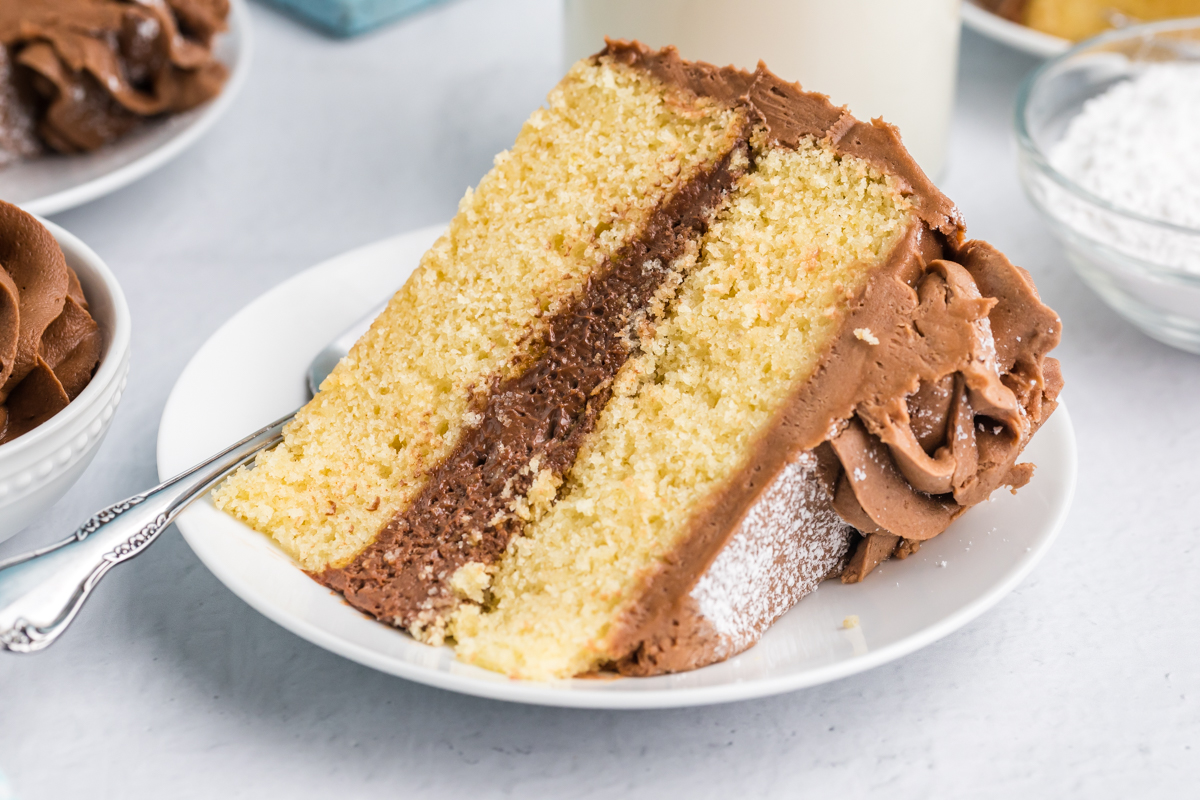 close up shot of slice of brown butter cake on plate