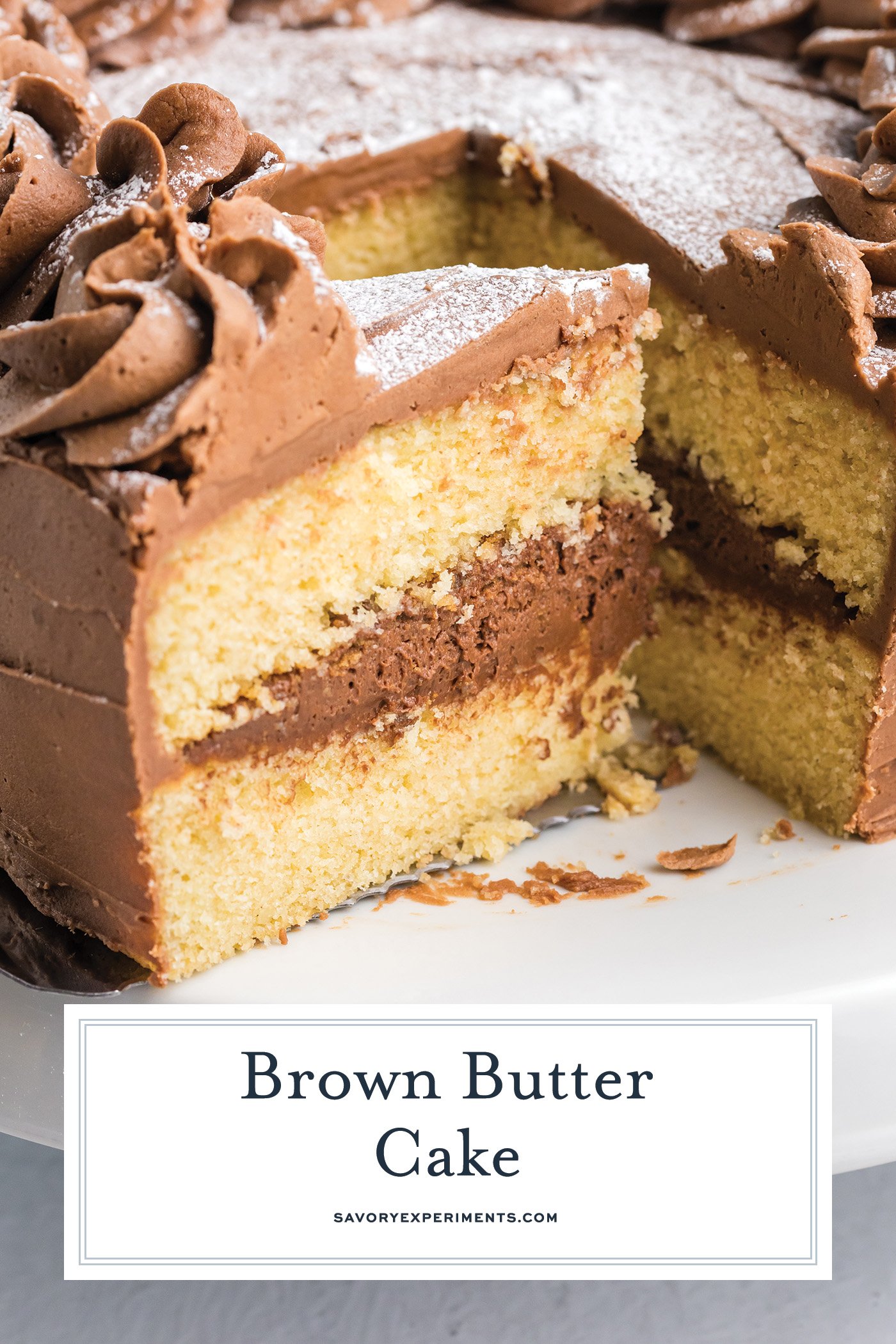 slice cut out of brown butter cake with text overlay