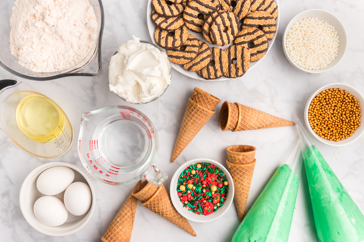 overhead shot of christmas tree cake cones ingredients