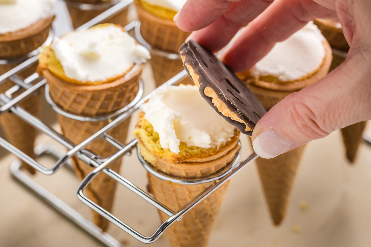 fudge stripe cookie added to bottom of cake cones