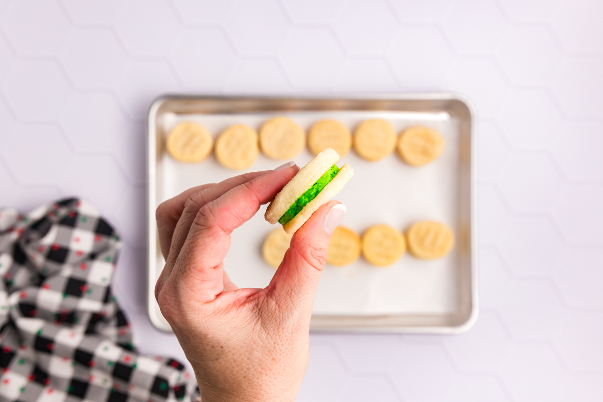 overhead shot of hand holding cream wafer cookie