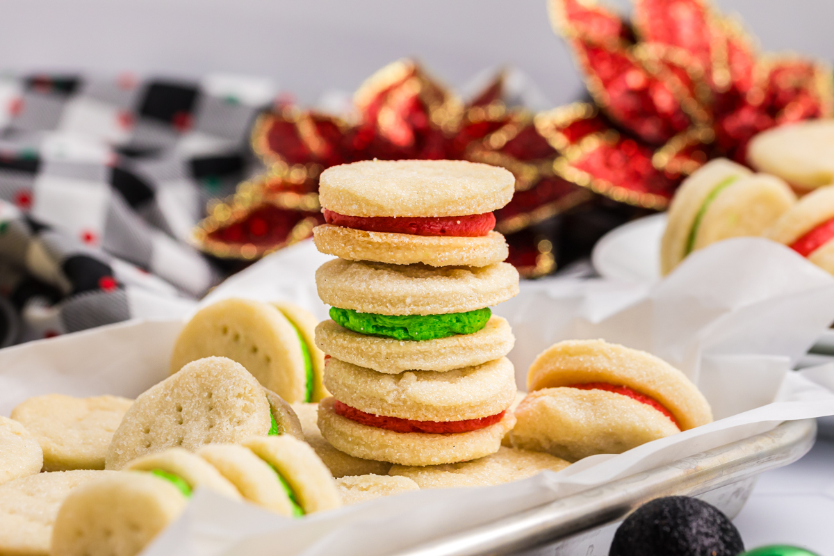 straight on shot of stack of three cream wafer cookies